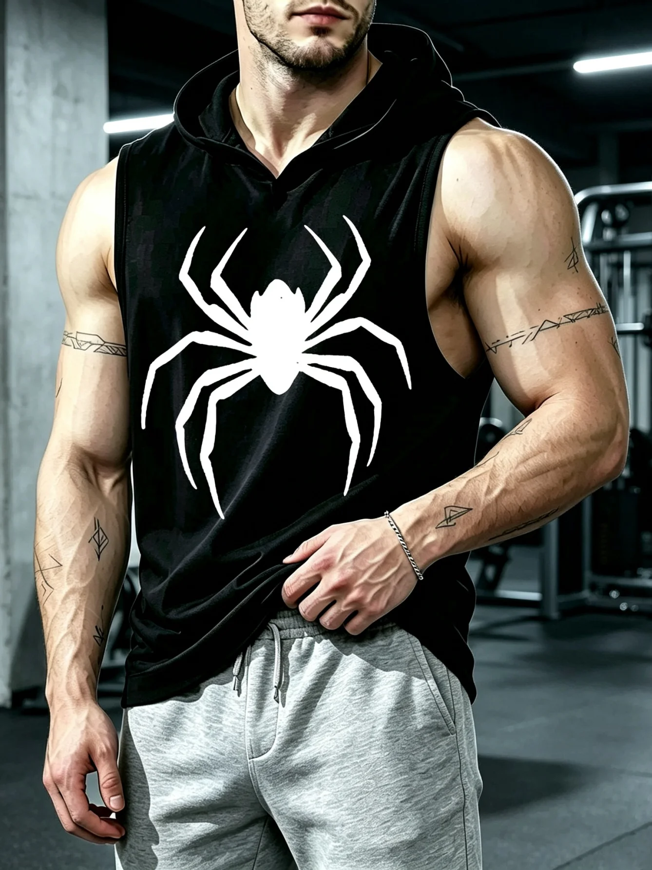 Men Women Unisex Sleeveless Hooded Tank Top White Spider Graphic Print Gym Workout Hoodie Vest Casual Streetwear Couple Matching Fitness Training Sling Shirts