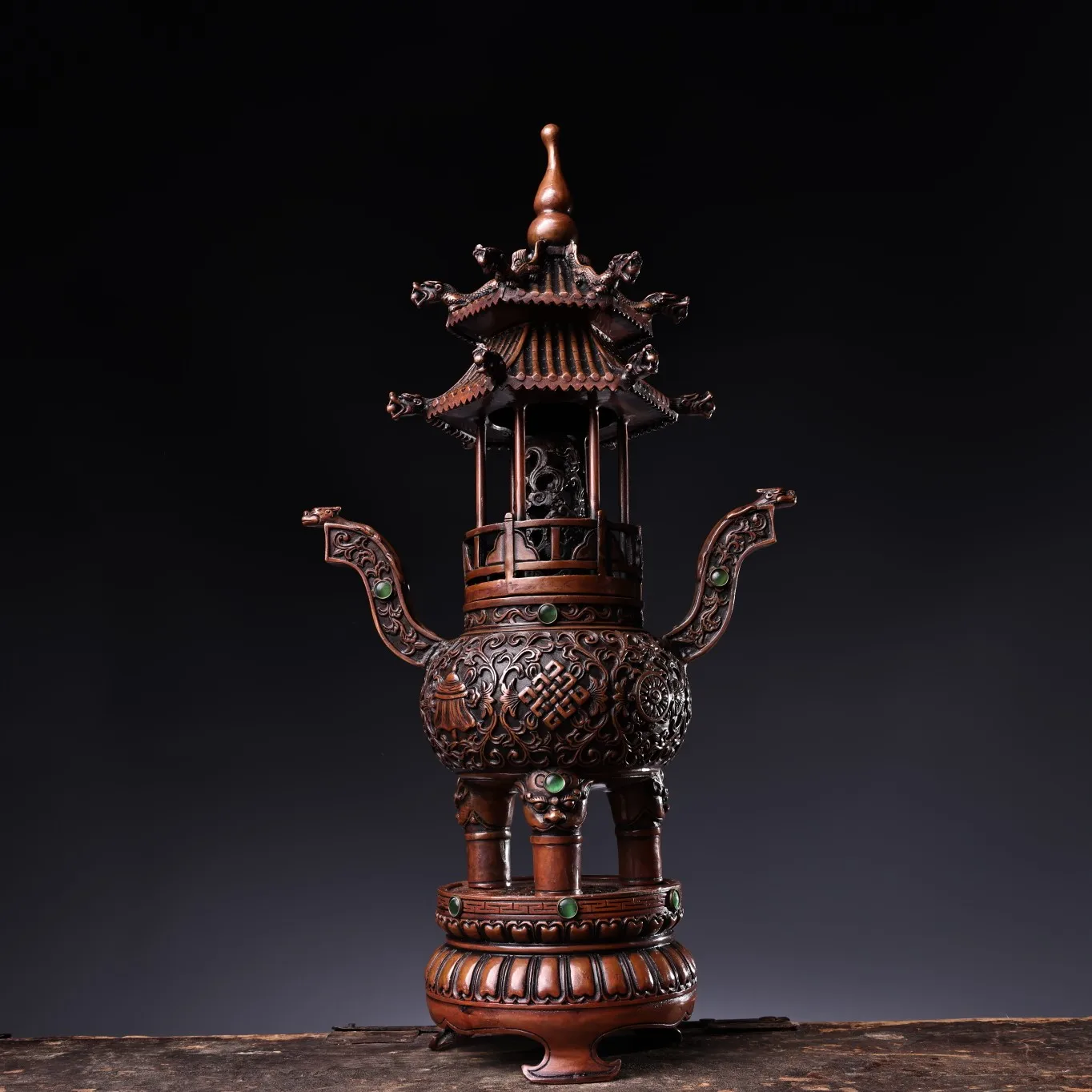 

19"Tibetan Temple Collection Old Bronze Mosaic Gem Buddha Pagoda Stupa Shape Incense burner worship hall Town House Exorcism