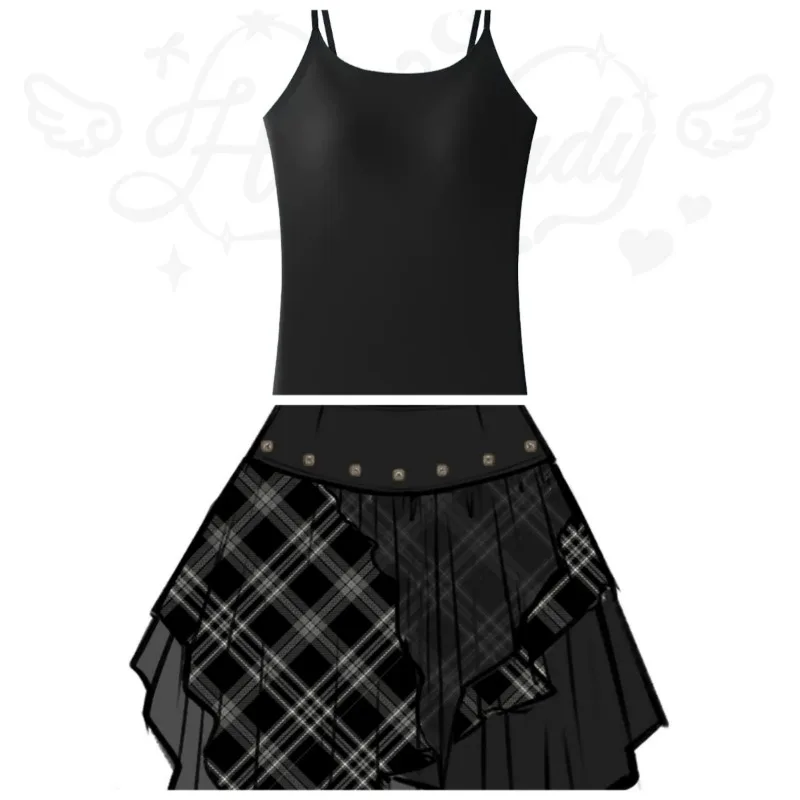 

Новинка Весна 2026: Модный оверсайз свитер с рваными элементами и длинными рукавами в стиле субкультуры, а также короткая юбка с высокой талией, асимметричным клетчатым узором и бретелями