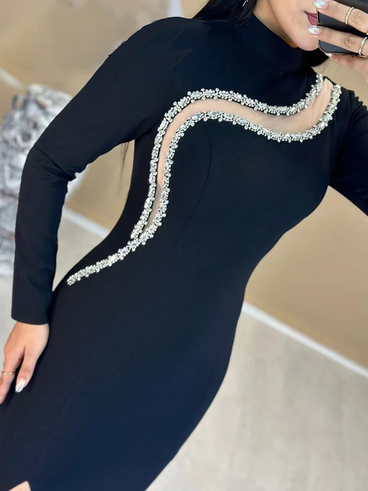 مثير س الرقبة طويلة الأكمام كريستال ماكسي ضمادة فستان المرأة السوداء لامعة الماس سبليت Bodycon فساتين السهرة رداء حفلات