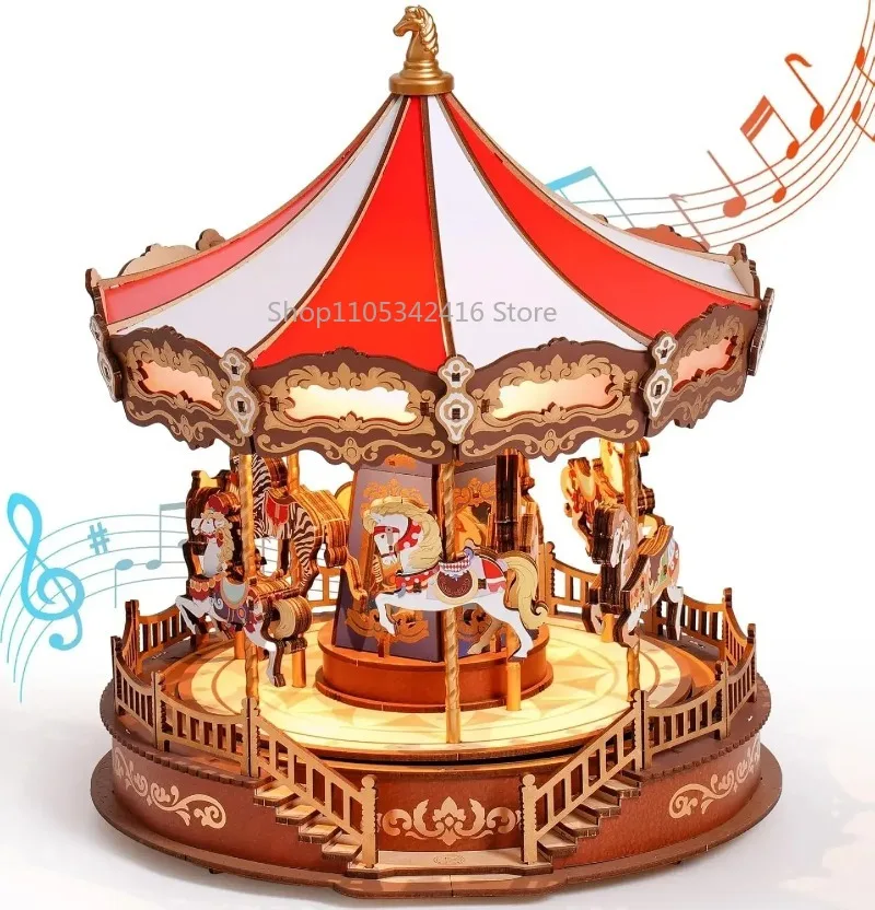 3D Wooden Carousel Music Box Puzzle with LED Lights, Gear Model Building Craft Kit, Christmas Gift for Adults
