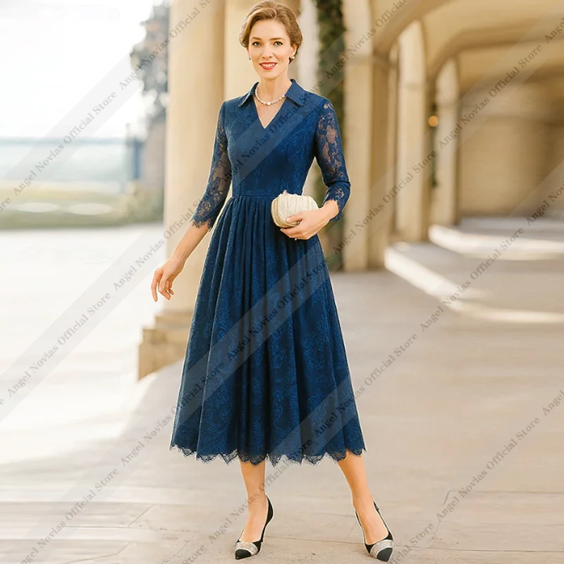 

Customized Tea legnth Blue Lace Mother of the Bride Dresses 2026 with Sleeves Wedding Party Dress vestido mãe de noiva 2026