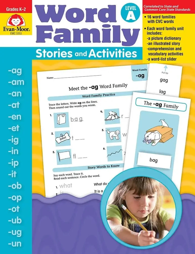 Evan-Moor Word Family Stories & Activities, Level A Workbook,aged 6 7 8 9, English book 9781596731677