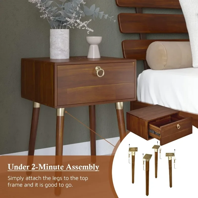 Alden Solid Wood Nightstand/Side Table/End Table, Fully Assembled, with 1-Drawer for Mid Century Bedroom and Living Room