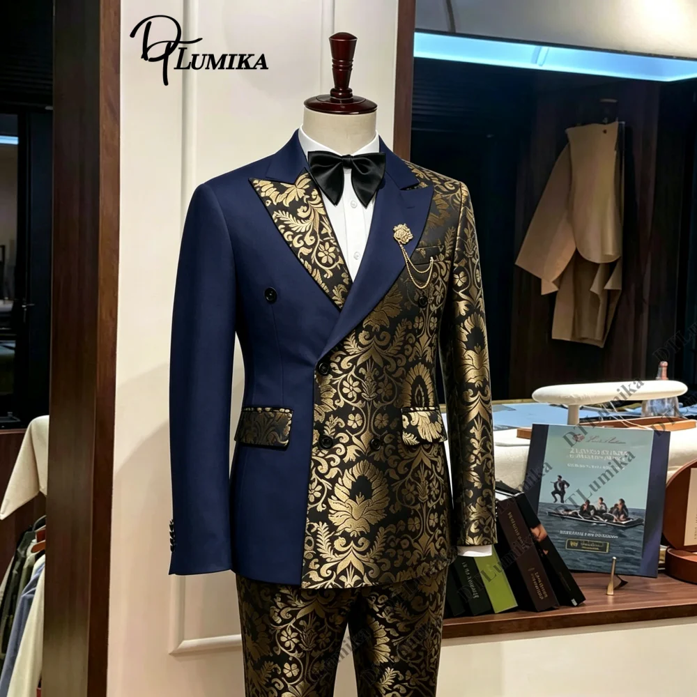 DTLumika Gold Paisley Suit Set for Men, Customized Double Breasted Men's Formal Pantsuit, Peak Lapel Jacket with Pants, XXXS-7XL