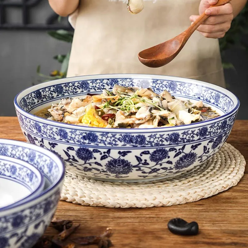 Chinese Ceramic Big Bowl Blue and White Porcelain Ramen Soup Bowls Salad Bowl Pickled Cabbage Fish Boiled Fish Hotel Tableware