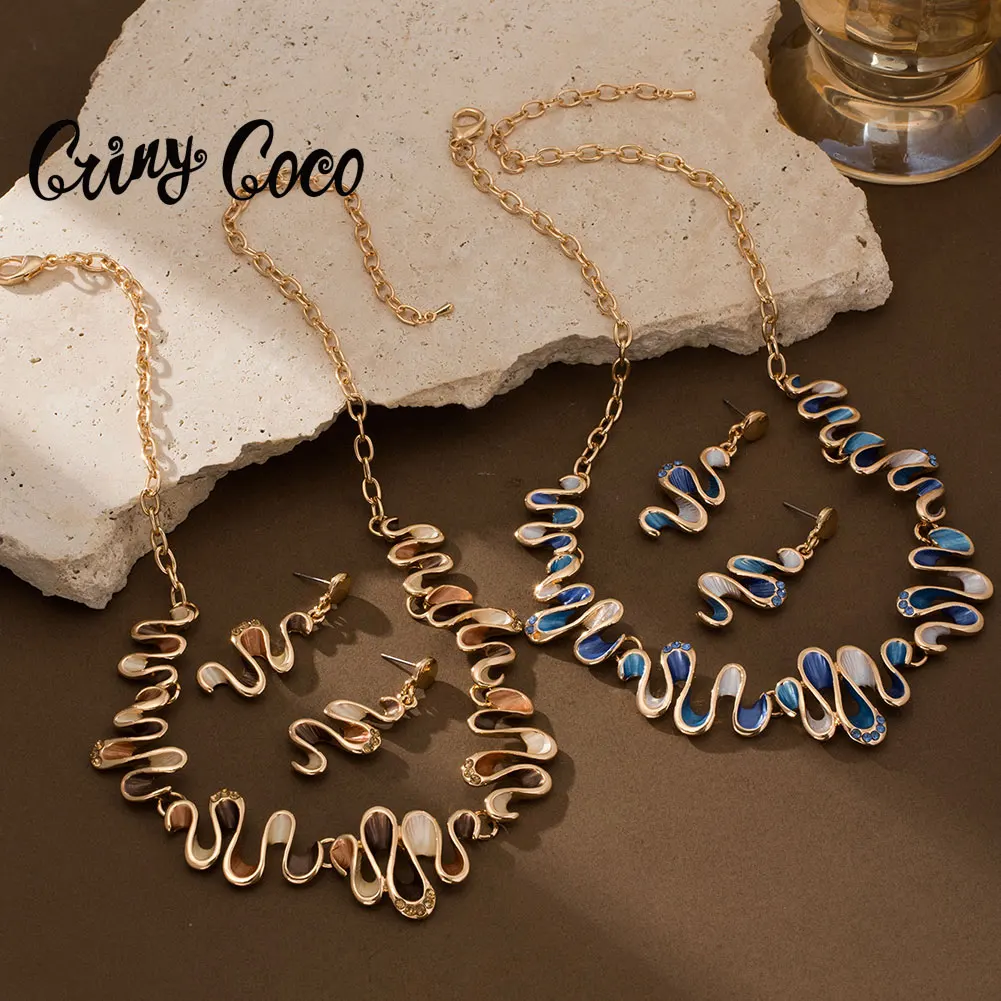 Image of Cring Coco handgefertigte Emaille-Schmucksets in Wellenform, modischer, beliebter Schmuck, Halskette, Ohrring-Set für Frauen, Valentinstagsgeschenke