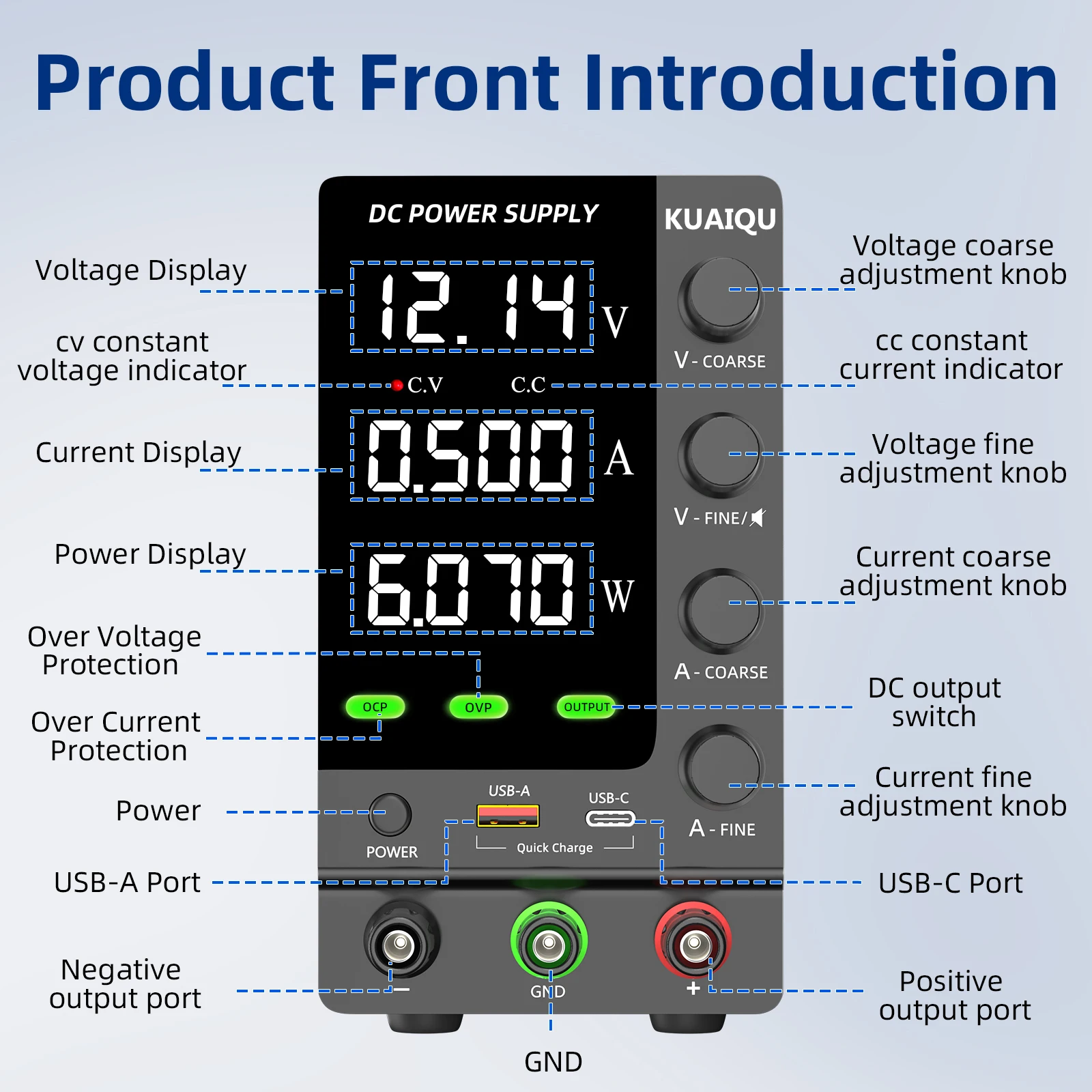 KUAIQU Adjustable Laboratory Power Supply 30V 60V 120V, DC Switching Regulated Bench Power Supply With OCP/OVP/Output/Encoder