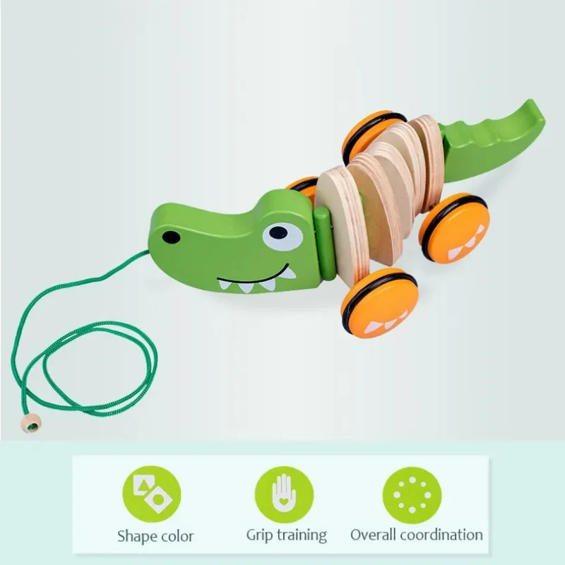 Crocodile Pull Wooden Toy Montessori Toddler Pull Rope Toy with Rope Pull Type Baby Early Education Tool Outdoor Walking Playing