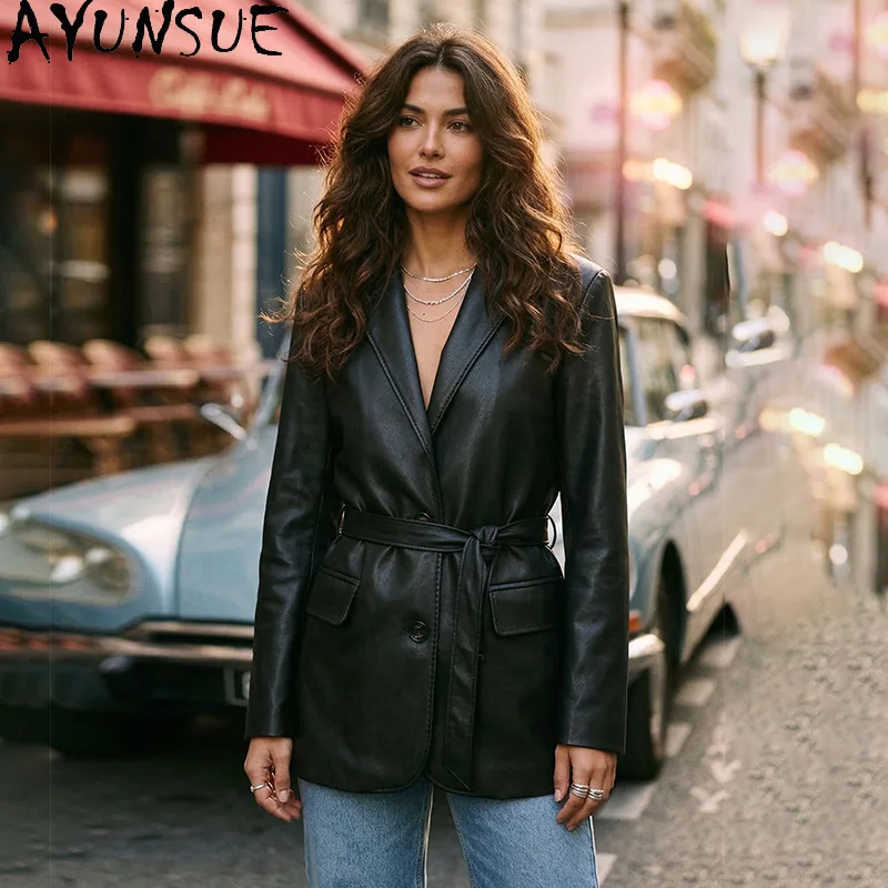 AYUNSUE Real Leather Jacket Woman Fashion V-neck Cinched Waist Lace-up Tops Sheepskin Mid-length Jackets Woman Clothes Jaqueta