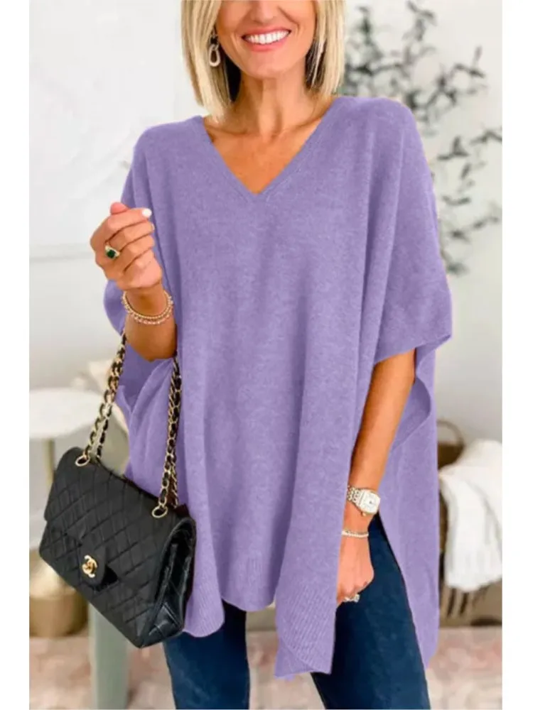 Autumn New Women's Clothing Solid Color Sexy V-neck Pullover Loose Sweater Fashionable Bat Sleeve Knitted Sweater Cloak