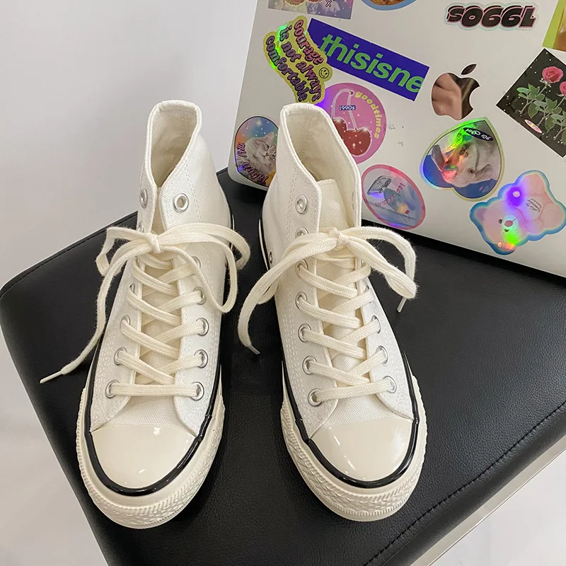 Women Canvas Sneakers Casual Flat High-cut White Shoes Unisex Skateboard Shoes Vulcanized Couple Shoes Zapatillas Mujer