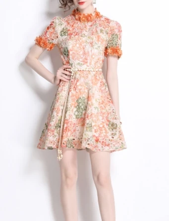 女性のための3次元フラワードレス,ラウンドカラー,カットアウト,半袖,空中ブランコ,刺embroidery,休暇,エレガント,夏