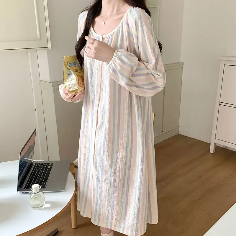 Striped Women Nightgown Lace Sleepwear O-neck Nightwear Korean Fashion Night Dress Long Sleeve Autumn Button One Piece Pajamas