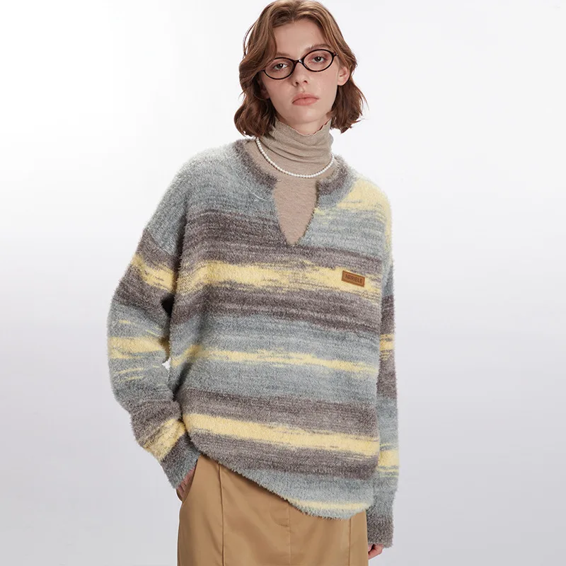 

V-neck Gradient Design Striped Sweaters Loose Causal Autumn Winter Knitted Pullovers Korean Long Sleeve Fashion Women Knitwear