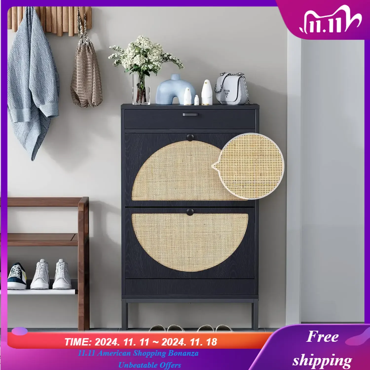 

Shoe Rack Storage Organizer with 2 Natural Semi-Circular Rattan Doors, Entryway Wooden Shoe Cabinet for Sneakers,