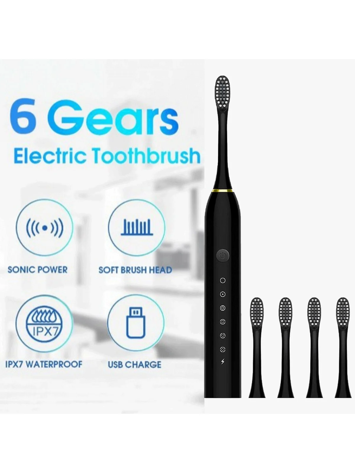 Usb Rechargeable 6-  Toothbrush, Sonic Automatic Toothbrush For Adult, With 4/8 Soft Brush Heads, Ideal Choice For Whitening  He