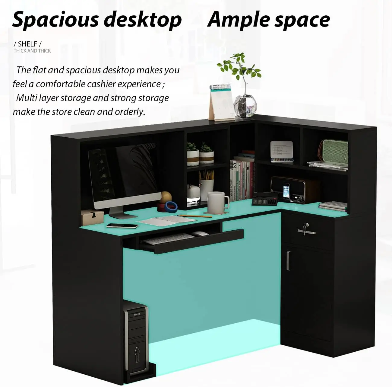 [Helong Store]Reception Desk Reception Stations with Open Shelf & Drawers, L Shape Reception Table Wooden Computer Desk for Offi