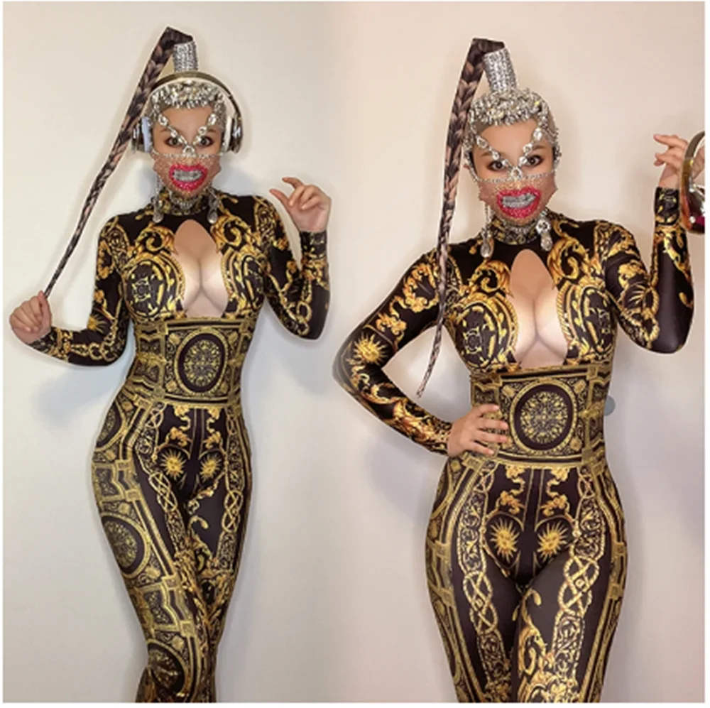 

Костюм Drag Queen, комбинезон с эластичным принтом, головной убор со стразами, маска для ночного клуба Gogo, танцевальный наряд, одежда для рейв-фестиваля, yj466