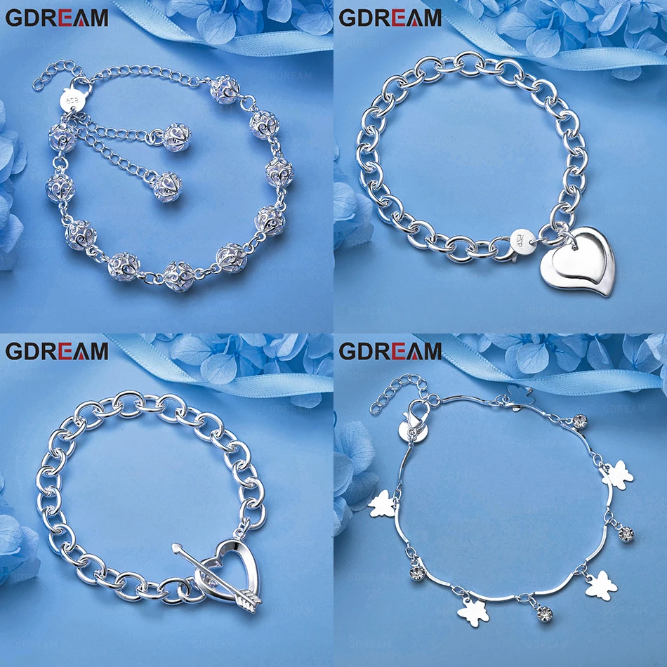 

GDREAM 925 Sterling Silver Tag Double Heart Chain Pendant Bracelet Gift Accessories Party Jewelry Wedding