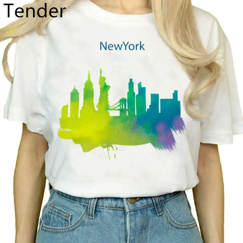 London City Watercolor New York City Landmark Skyline Tshirt Women New White Short Sleeve Casual Homme Cool T Shirt Roma Paris