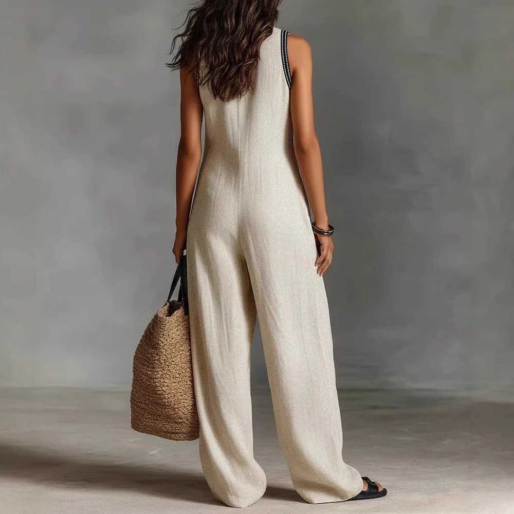 Women's Faux Linen Sleeveless Jumpsuit Embroidered V-Neck Zipper Loose Wide Leg Romper Casual Beach Vacation Outfit Jumpsuit