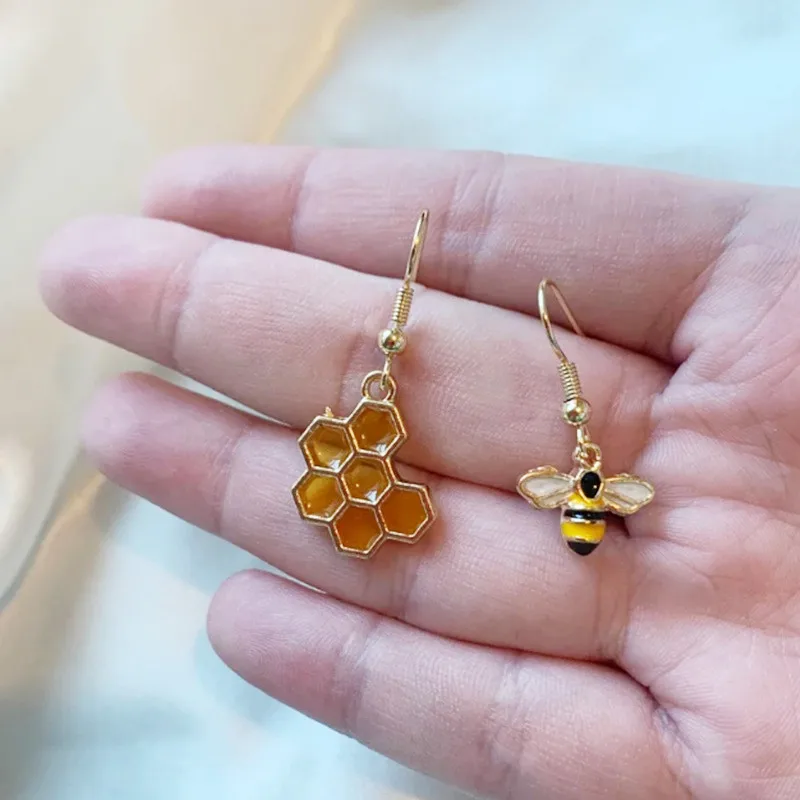 Cool Quirky Bee Earrings with Yellow Honey Comb / Mismatch Earrings on 14k Gold Plated Hooks Handmade Drop Dangle Earrings