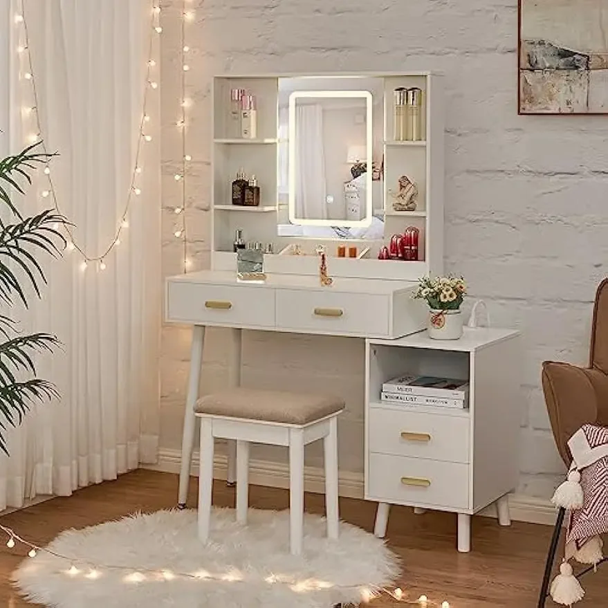 مكتب فانيتي، فانيتي بيضاء مع قاعدة شحن ومنضدة، مكتب مكياج مع أضواء مع 3 ألوان #2