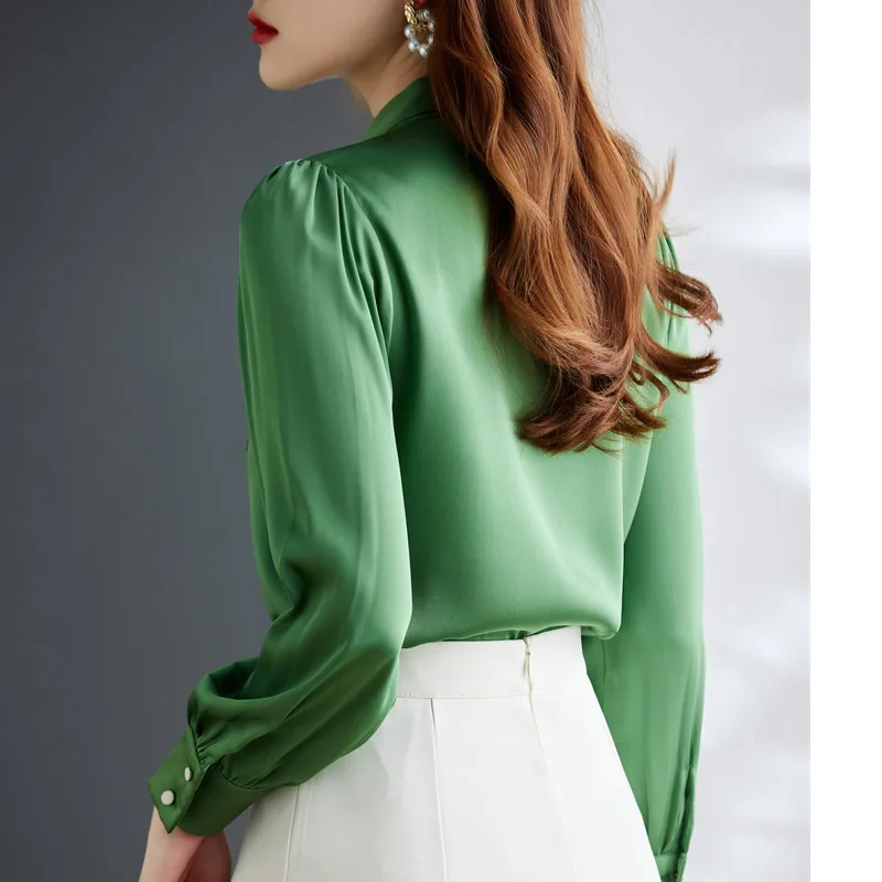 Green Aacetate Satin Shirt Women Fashion Design Bow Collar Professional Autumn New Long Sleeve Blouses Office Ladies Work Tops