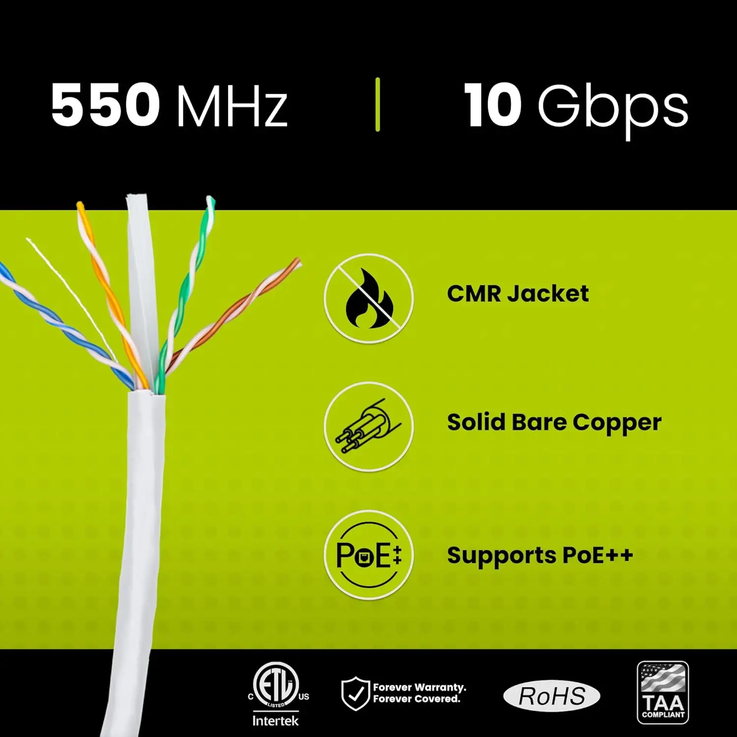 Cat6 Riser (CMR), 1000ft, White, 23AWG 4 Pair Solid Bare Copper, 550MHz, ETL Listed, Unshielded Twisted Pair (UTP), B