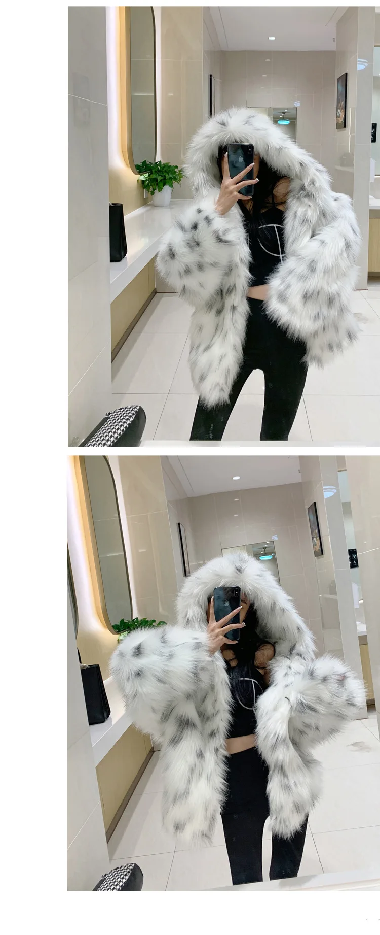 Thick Faux Fur Jacket Women Colorblock Autumn Winter Maxi Hooded Coat Short Warm Luxury Belt Fur Parkas Bontjas Furry Outerwear