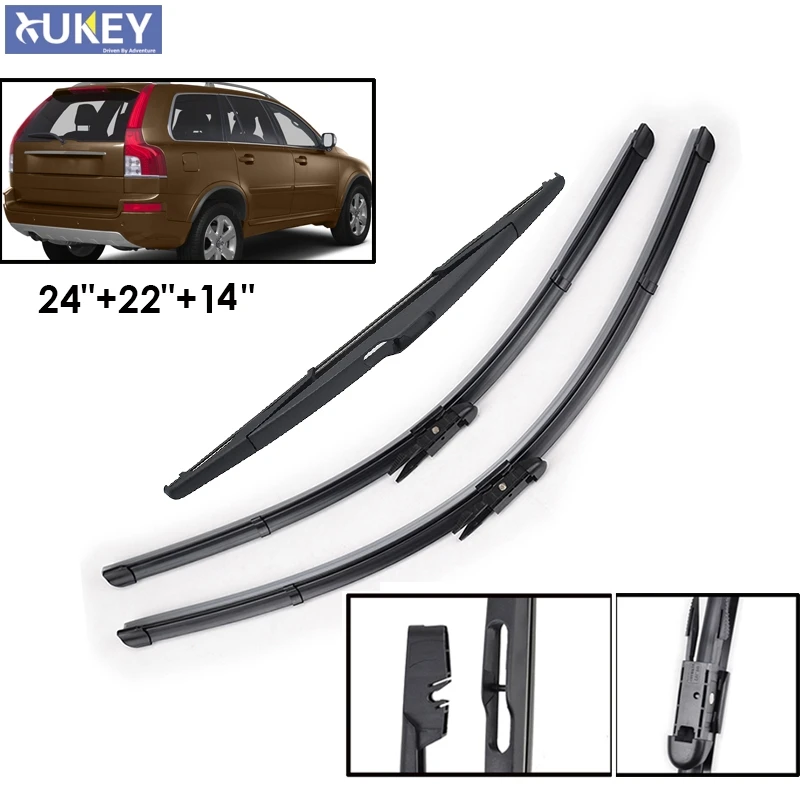 Xukey Windshield Front Rear Wiper Blades For Volvo XC90 2012 2013 2014 Window Rubber Brush Car Accessories 24\'\' 22\'\' 14\'\'
