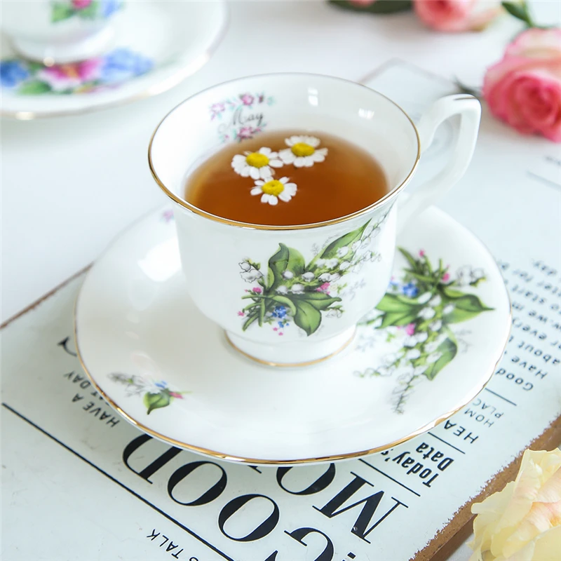 Retro Coffee Cup Saucer Teacup Bone China Creative Ceramic Mug Month Flower Afternoon Tea Cup Saucer Set Home Drinkware Gift