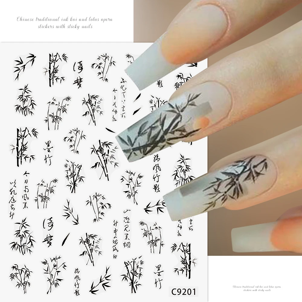 Caracteres Chineses Etiqueta Do Prego De Bambu, Pintura 3D, Tinta De Flores, Pássaros, Sliders, Retro, Decalques Adesivos, Manicure Decorações, 1Pc