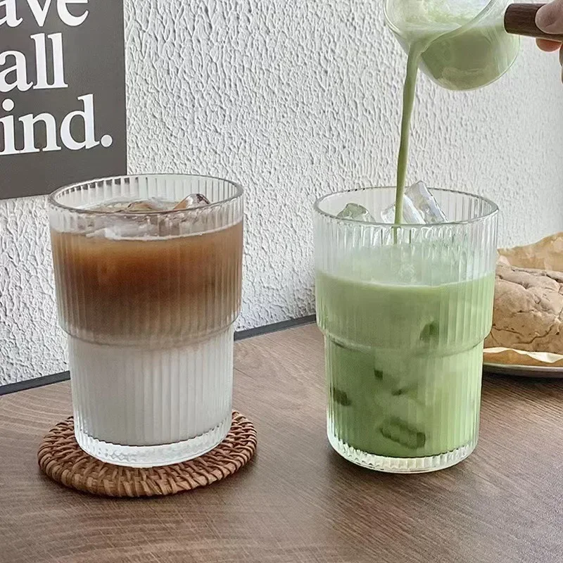 450ml Transparent Tea Cup Vertical Stripe Ins Coffee Glass with Lid Straw Water Cup High-value Ice American Latte Milk Cup