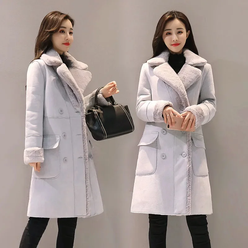 Women Lamb Fur Coat Korean Winter Add Velvet Imitation Fleece Coats Medium Long With Integrated Fur Leather Collar Cotton Jacket