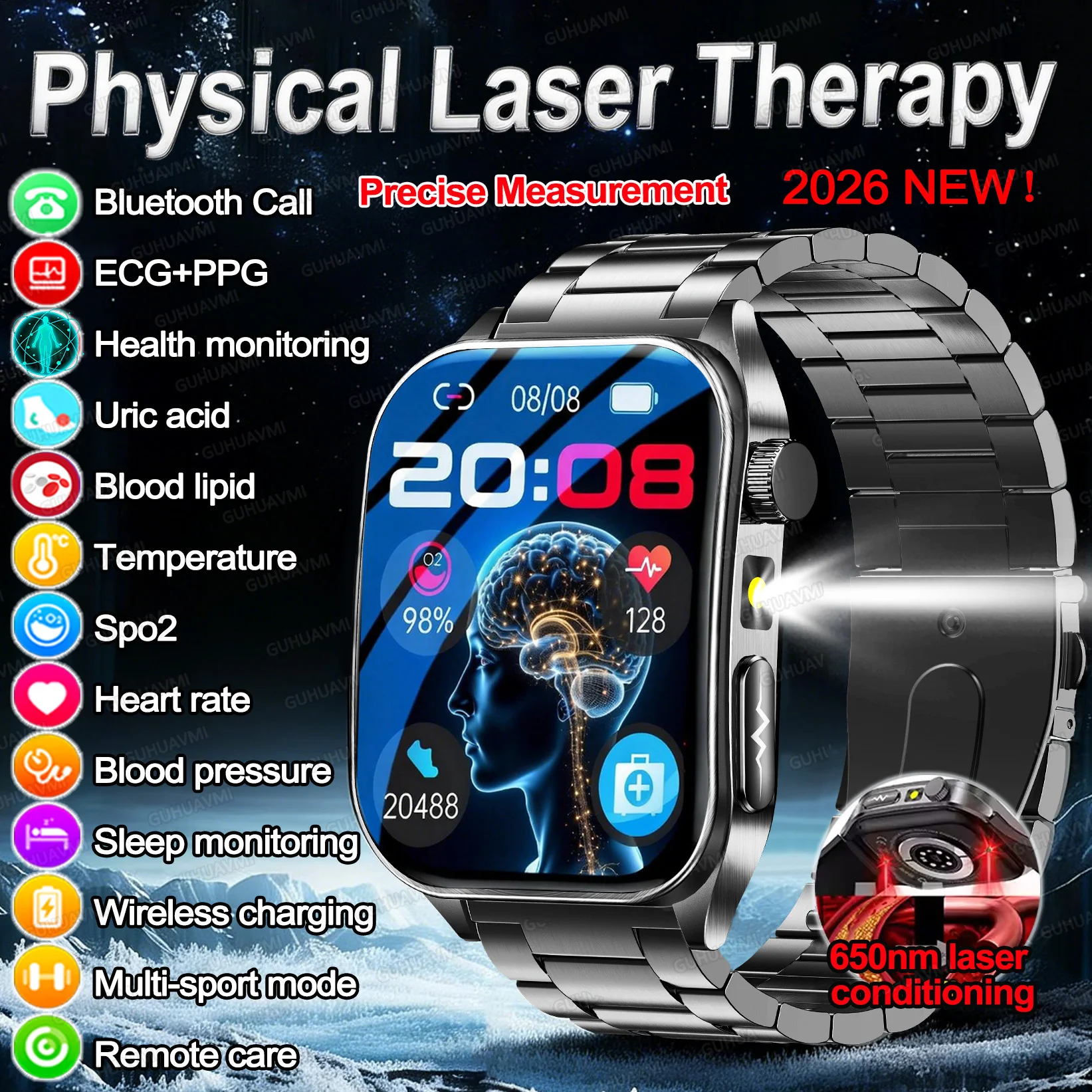 

Новые умные часы 2026 года с лазерной терапией 650 нм, ЭКГ, измерением давления, липидов, мочевой кислоты, Bluetooth-звонками для Android и iOS