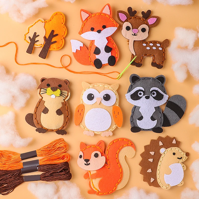 Forest Animal Felt Sewing Kit for Kids, DIY Hand Sewing Craft Set Fox Deer Owl Raccoon Hedgehog Squirrel Beaver, Children Beginn