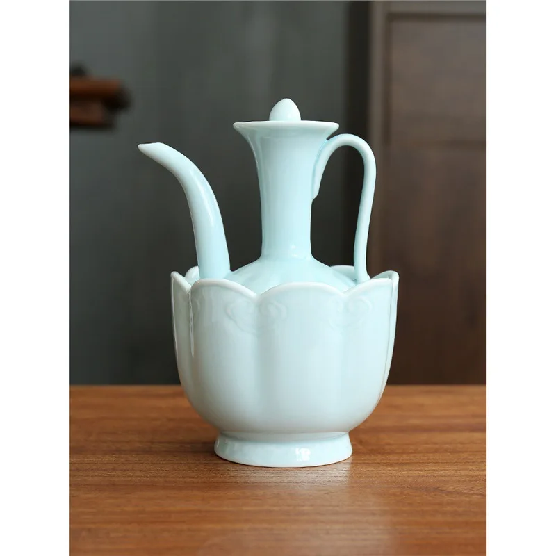 Song Dynasty Teapot with Warming Bowl Ceramic Tea Set Large Water Cup Shadow Blue Glaze Ruyi