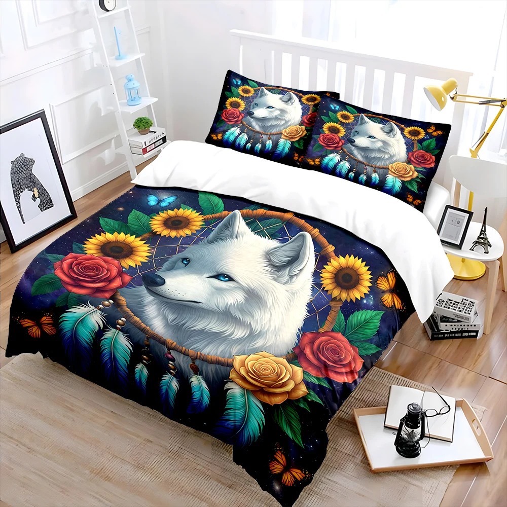 The White Wolf and the Dreamcatcher Print Bedding Set 1 Duvet Cover 2 Pillowcases for Adult and Children Luxury Gift Full Size