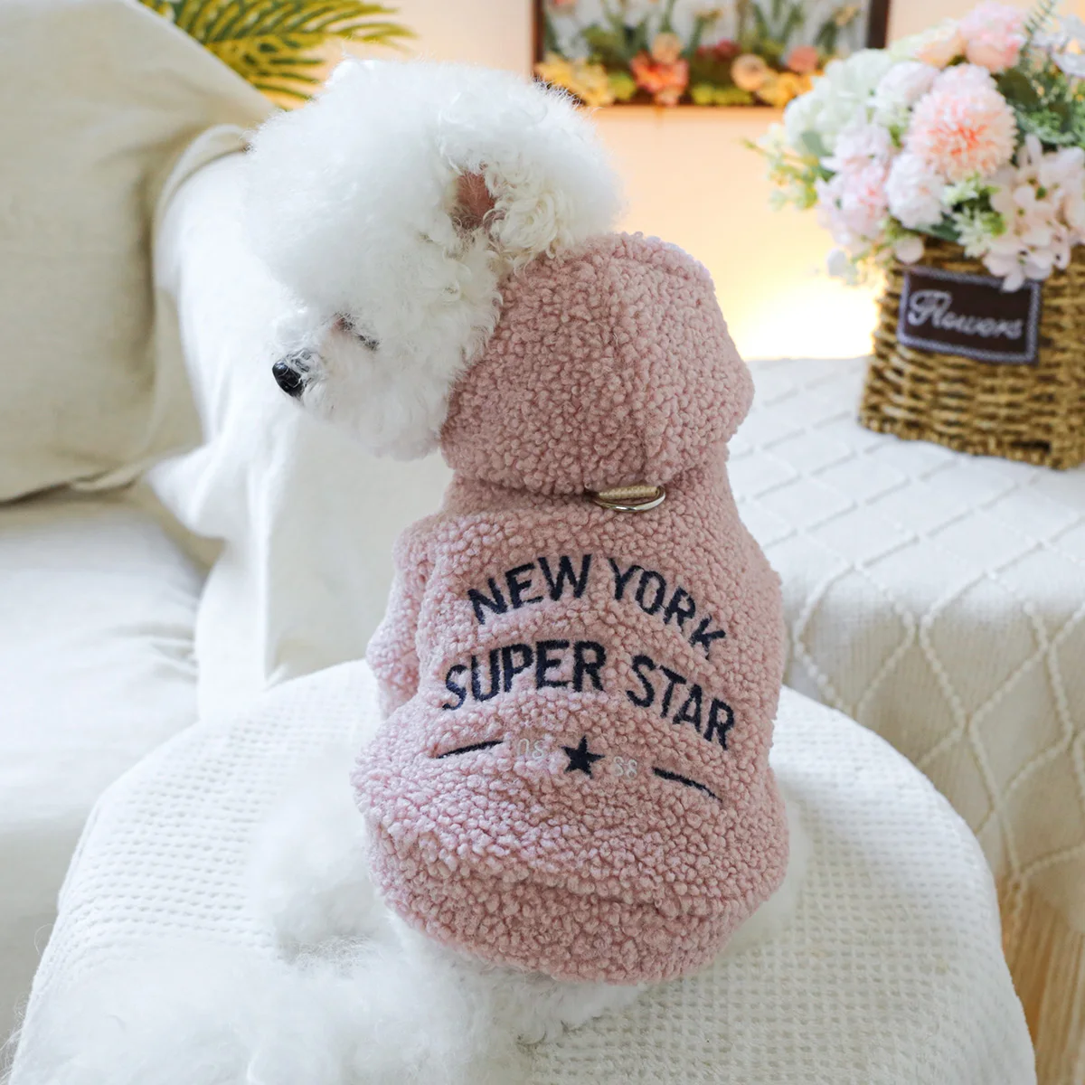 1PC pet clothing autumn and winter thick velvet coffee pink New York starlight hat jacket suitable for small and mediumsized dog