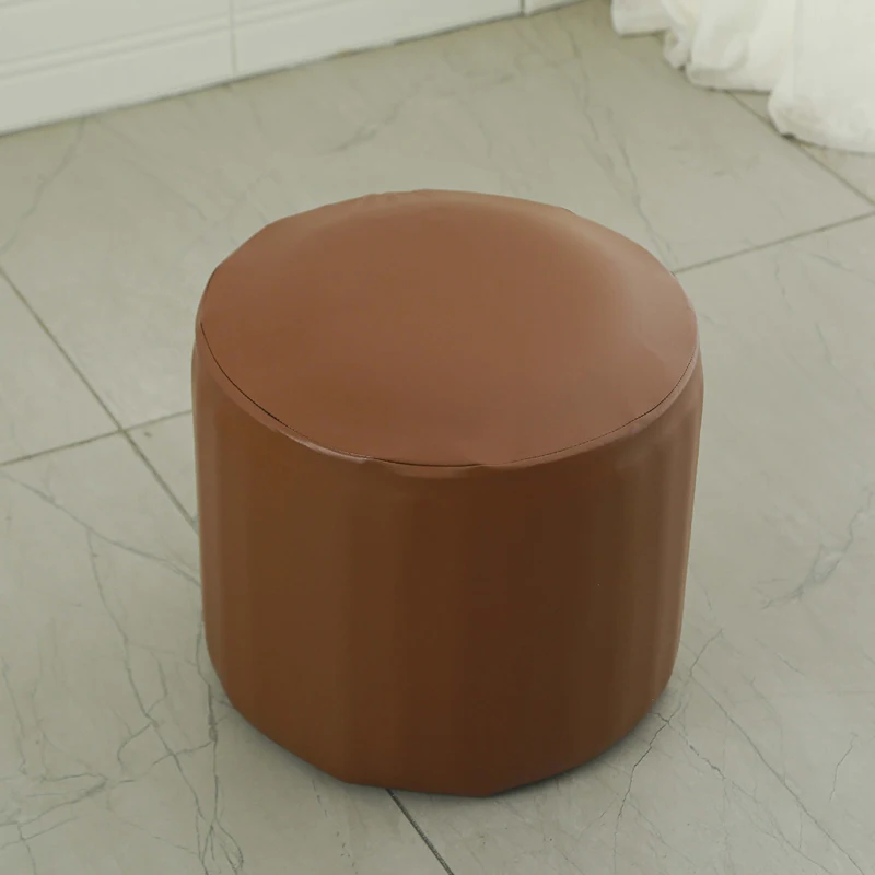 Elastic Ottoman Cover PU Leather Solid Color Round Footstool Cover Stretch Dust-proof Living Room Furniture Protector Cover