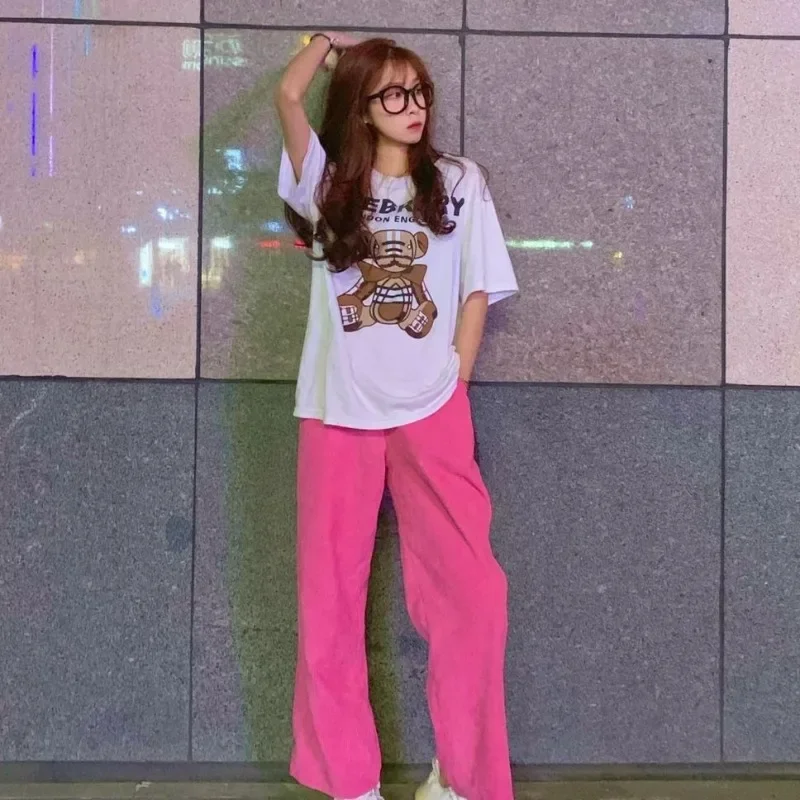 Moda Rosy Pantaloni Casual Donna Sottile Estate Lady All-match Vita Alta Streetwear Morbido Coreano Dritto Sportivo Minimalista Allentato