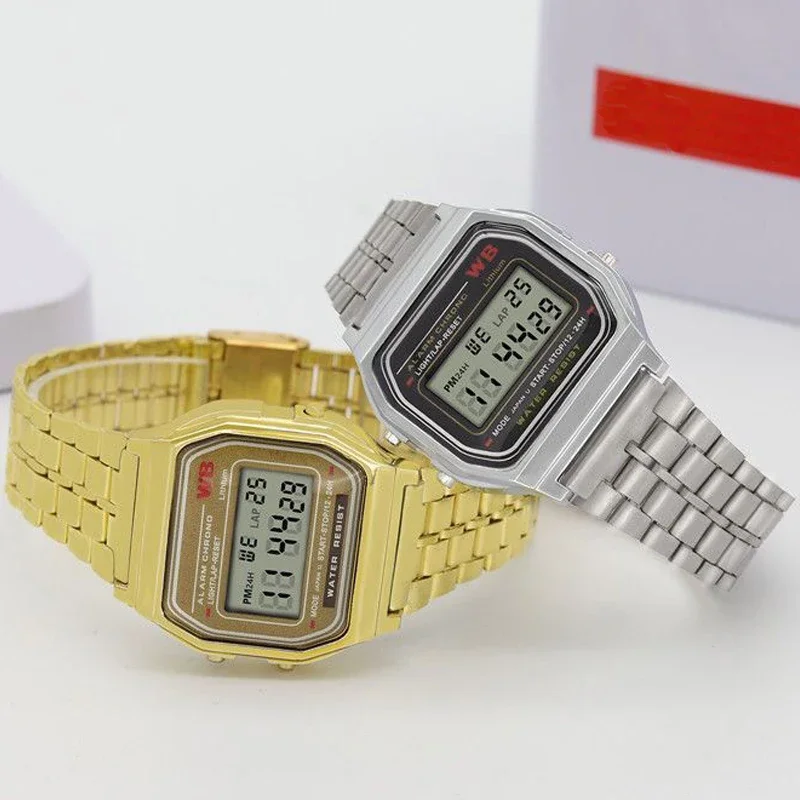 F91W Couple Digital Watch Luxury Stainless Steel Link Bracelet Wristwatches Band Business Electronic Clock Skmei For Women Men