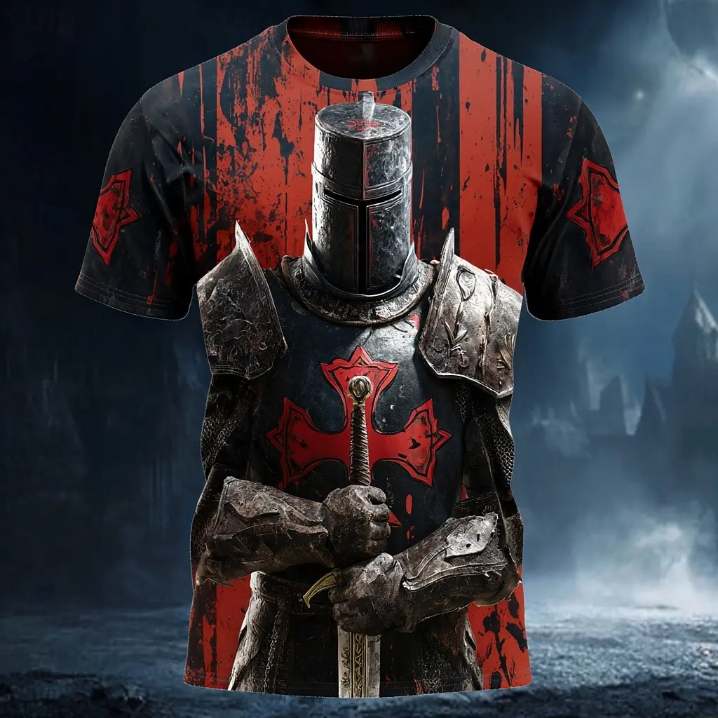 Men's Templar Knight Red Cross Sword T-Shirt Gothic Retro Warrior All Over Print Casual Streetwear Tee for Spring & Summer