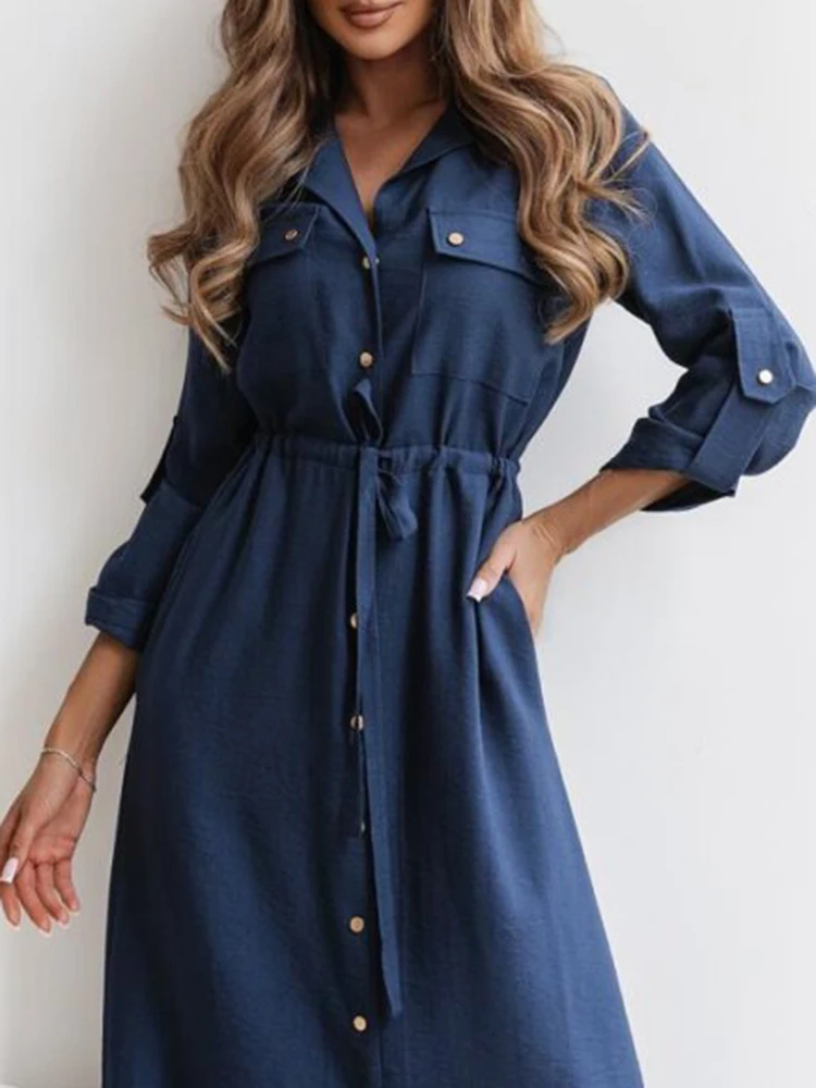 Abito lungo da donna elegante con tasca per pendolari Abito lungo con risvolto monopetto alla moda Abito autunno nuovo abito a trapezio sottile in puro colore vintage