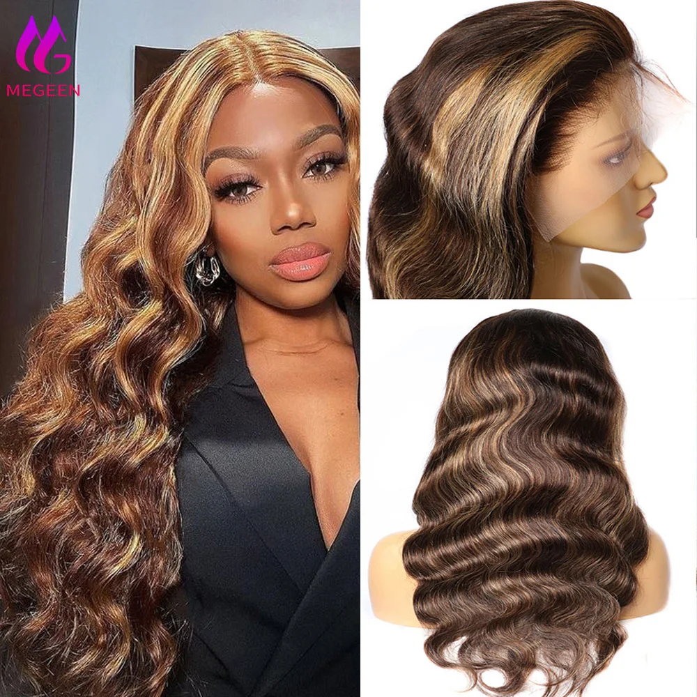 

Megeen 13X4 100% Human Hair Lace Front Wig Highlight P4/27 Colored Body Wave Pre Plucked Honey Blonde Lace Frontal Wig Brazilian