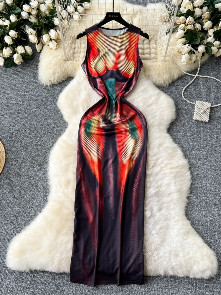 

Foamlina Summer Sexy Tank Dress Women Fashion Stylish Printed Bodycon Long Dresses Round Neck Sleeveless Slim Casual Streetwear