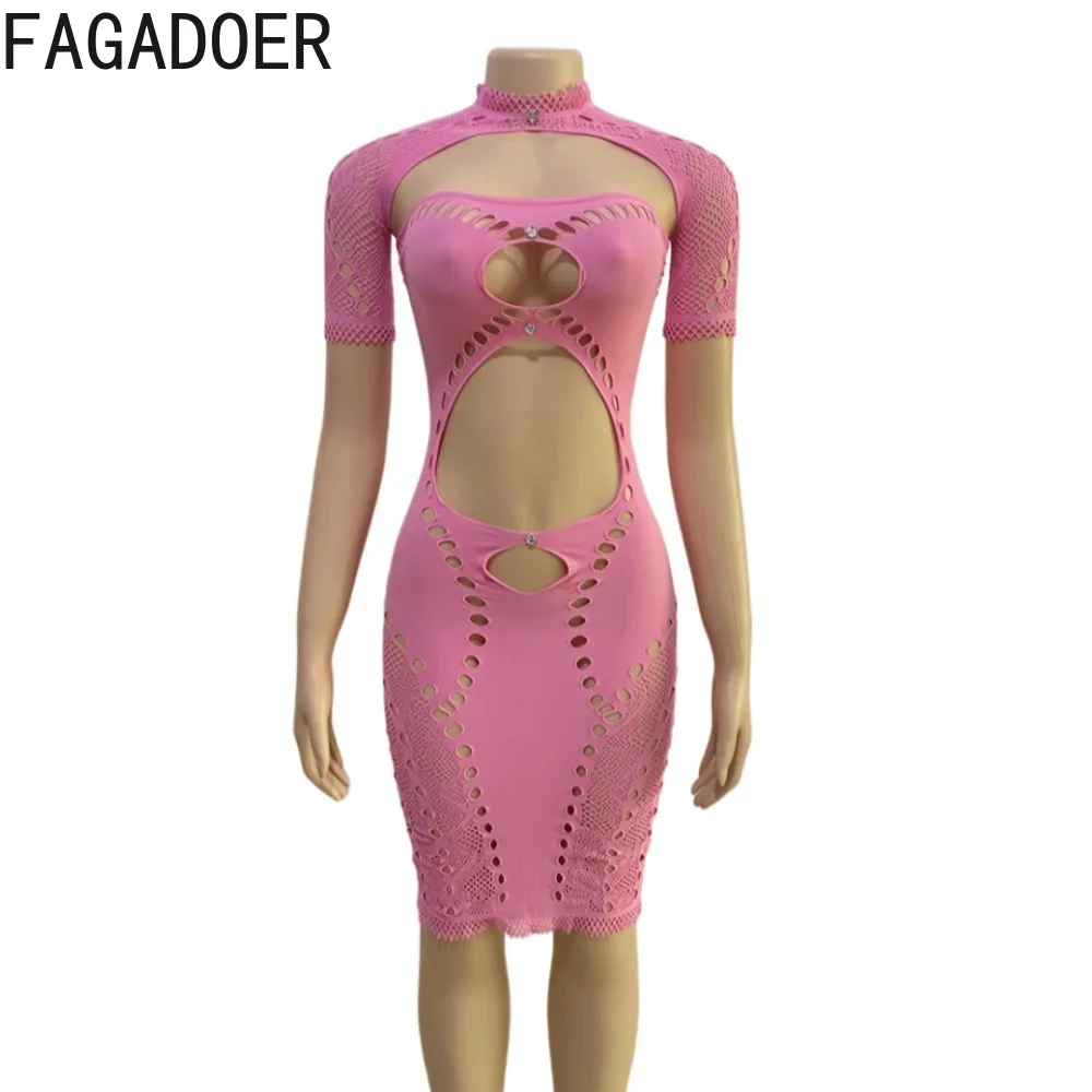 FAGADOER Sexy Solid Hollow Out Hole Bodycon Nightclub Mini Dresses Women Round Neck Short Sleeve Slim Vestidos Fashion Clothing