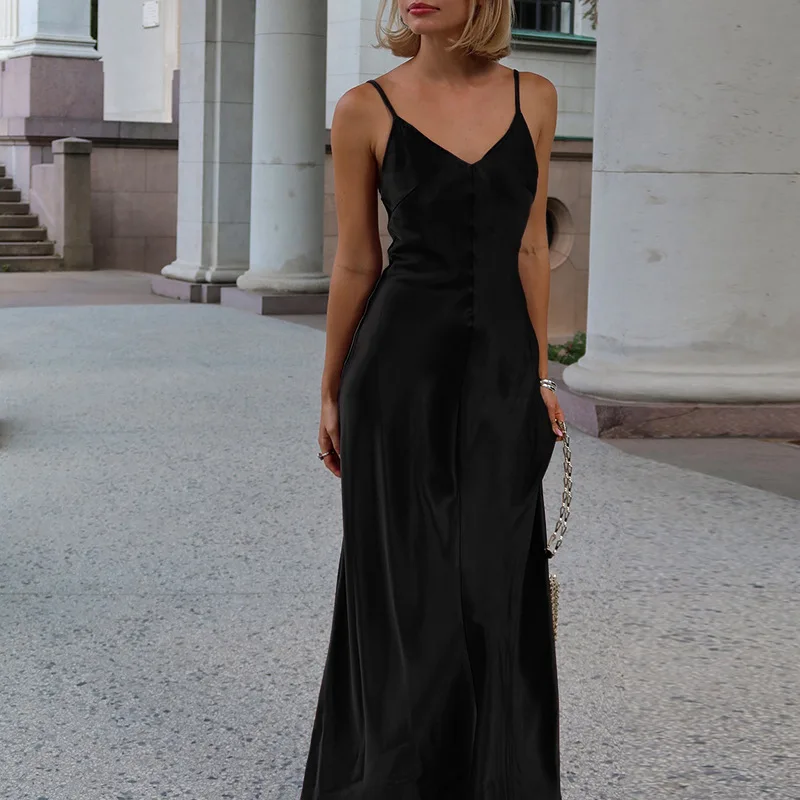 XY24609 خريف 2024 فستان جديد طويل أنيق على الطراز الاجتماعي مثير برقبة على شكل حرف v بدون ظهر من الساتان #1